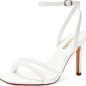 Women's Faux Leather Heels 3.5 Inch Square Toe Strappy Ankle Sandals